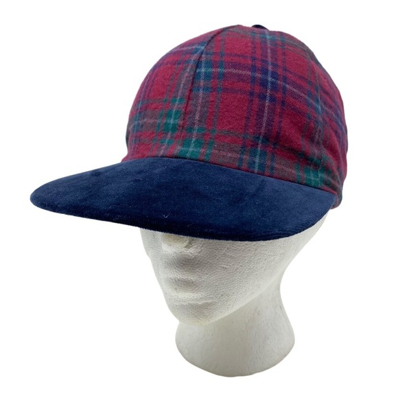 GAP Unisex Plaid Hat Navy Blue Green Red Size S/M - Velvet Visor - Elastic Band - Picture 1 of 7